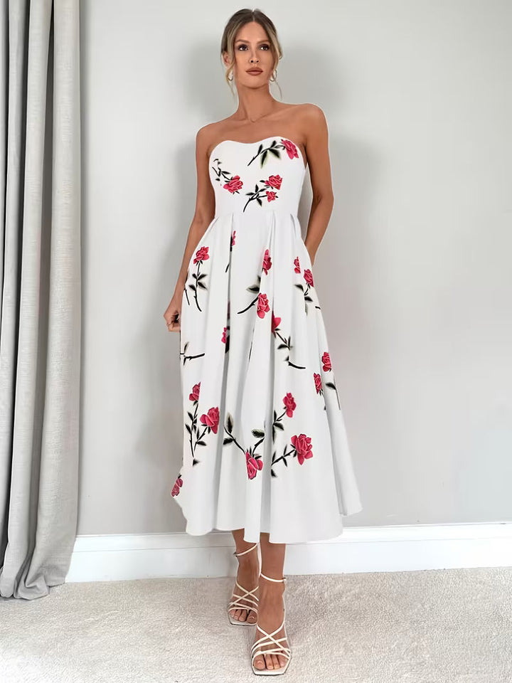 Women's Floral Print A-Line Dress | Elegant Strapless Summer Style 0