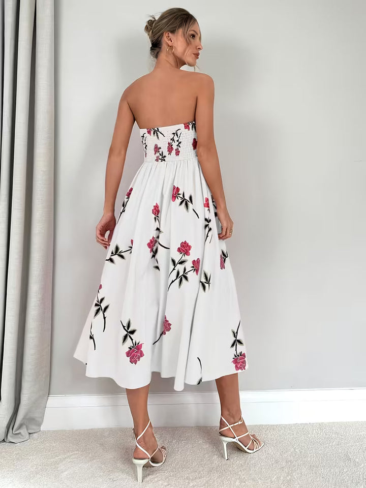 Women's Floral Print A-Line Dress | Elegant Strapless Summer Style 1