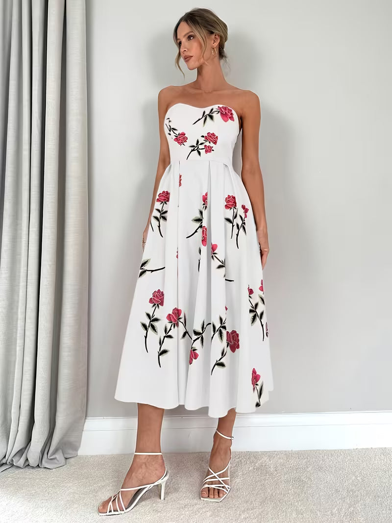 Women's Floral Print A-Line Dress | Elegant Strapless Summer Style 2