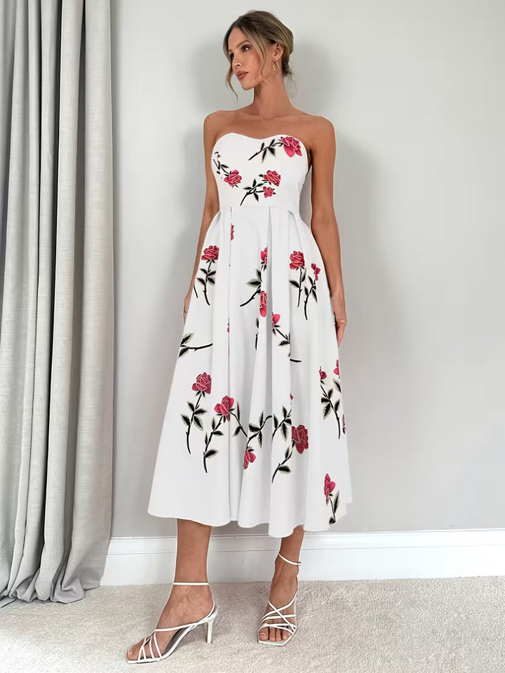 Women's Floral Print A-Line Dress | Elegant Strapless Summer Style 2