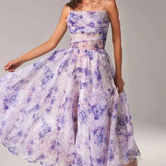 Women's Floral Print Midi Dress | Elegant Strapless Summer Dress with Full Skirt 0