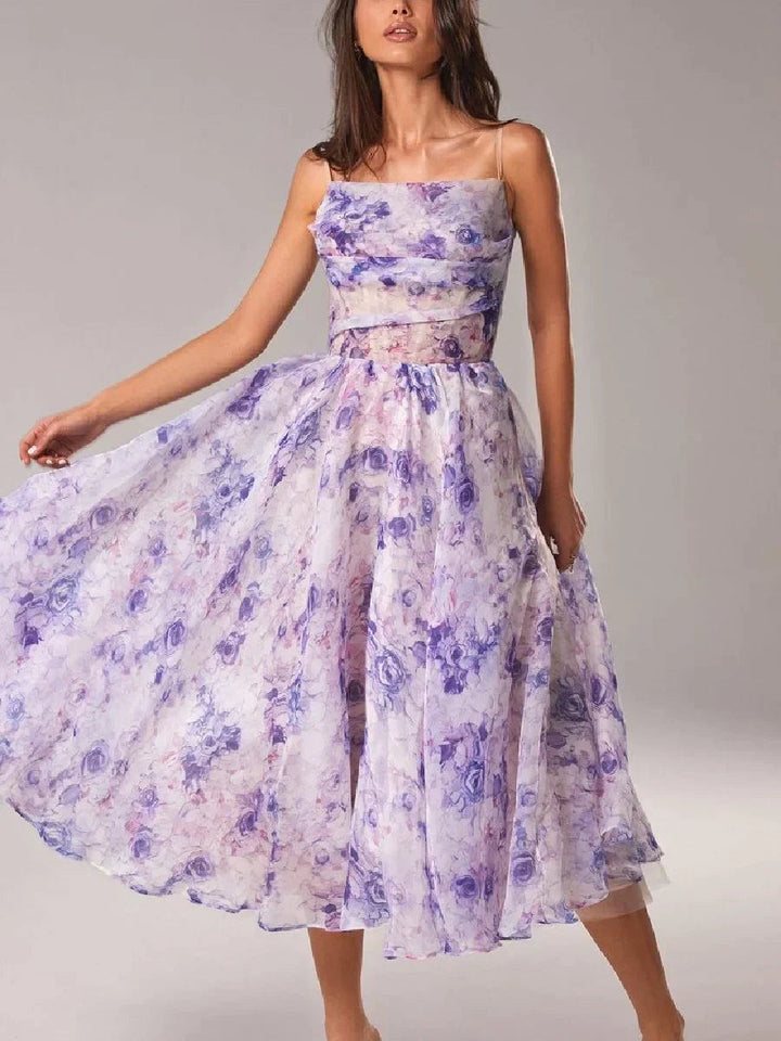 Women's Floral Print Midi Dress | Elegant Strapless Summer Dress with Full Skirt 0