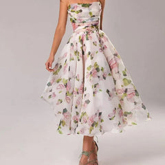 Women's Floral Print Midi Dress | Elegant Strapless Summer Dress with Full Skirt 1
