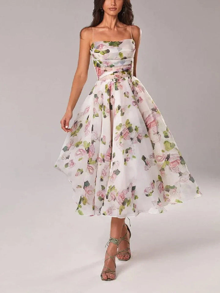 Women's Floral Print Midi Dress | Elegant Strapless Summer Dress with Full Skirt 1