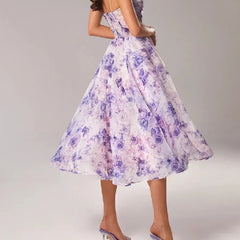Women's Floral Print Midi Dress | Elegant Strapless Summer Dress with Full Skirt 2