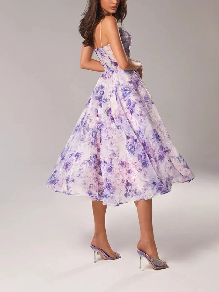 Women's Floral Print Midi Dress | Elegant Strapless Summer Dress with Full Skirt 2