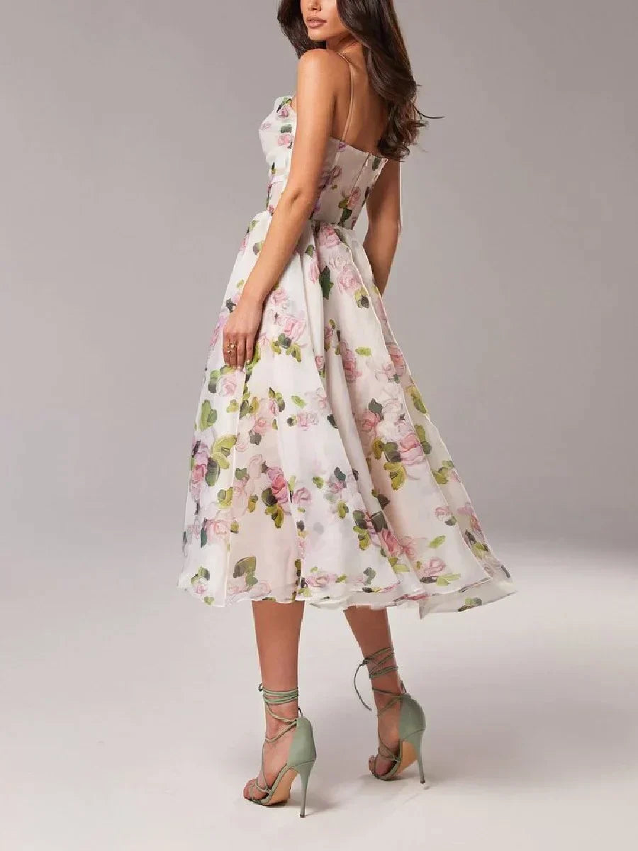 Women's Floral Print Midi Dress | Elegant Strapless Summer Dress with Full Skirt 3