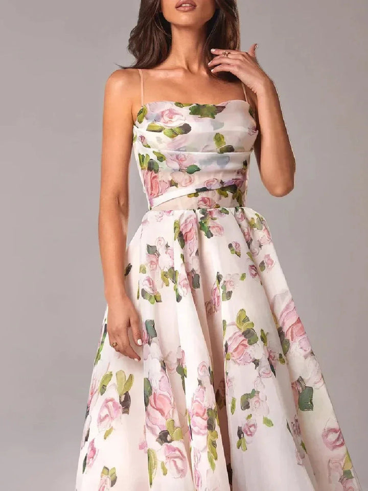 Women's Floral Print Midi Dress | Elegant Strapless Summer Dress with Full Skirt 4