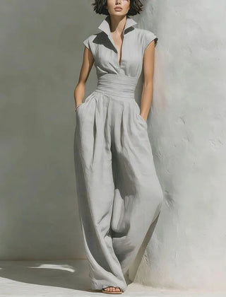 Women's Flowy Wide Leg Jumpsuit | Elegant Sleeveless Summer Outfit with Pockets 0