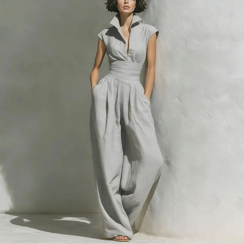 Women's Flowy Wide Leg Jumpsuit | Elegant Sleeveless Summer Outfit with Pockets 0