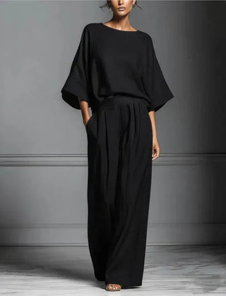 Women's Fluid Fabric Two Piece Set | Elegant Boat Neck Top and Wide Leg Trousers 0