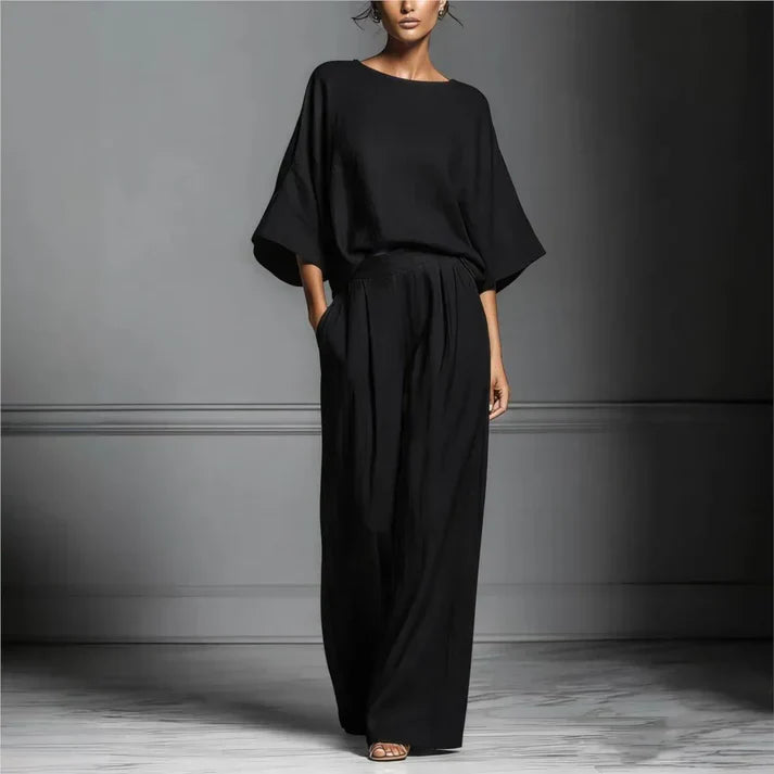 Women's Fluid Fabric Two Piece Set | Elegant Boat Neck Top and Wide Leg Trousers 0