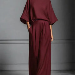 Women's Fluid Fabric Two Piece Set | Elegant Boat Neck Top and Wide Leg Trousers 1