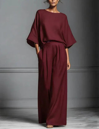 Women's Fluid Fabric Two Piece Set | Elegant Boat Neck Top and Wide Leg Trousers 1