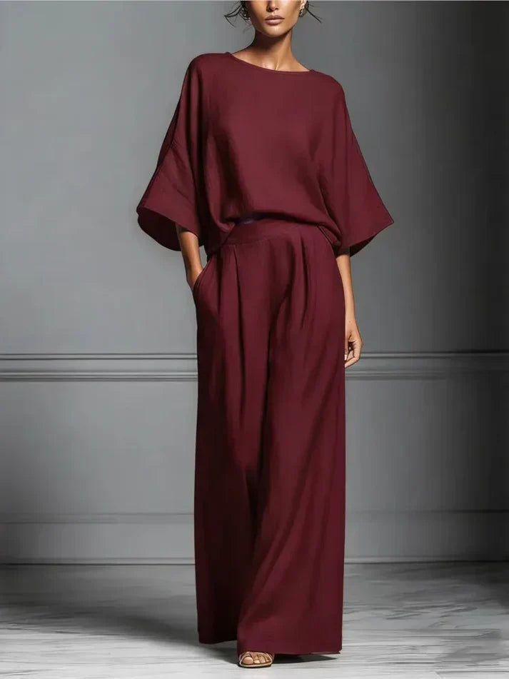 Women's Fluid Fabric Two Piece Set | Elegant Boat Neck Top and Wide Leg Trousers 1