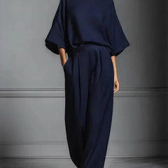 Women's Fluid Fabric Two Piece Set | Elegant Boat Neck Top and Wide Leg Trousers 2