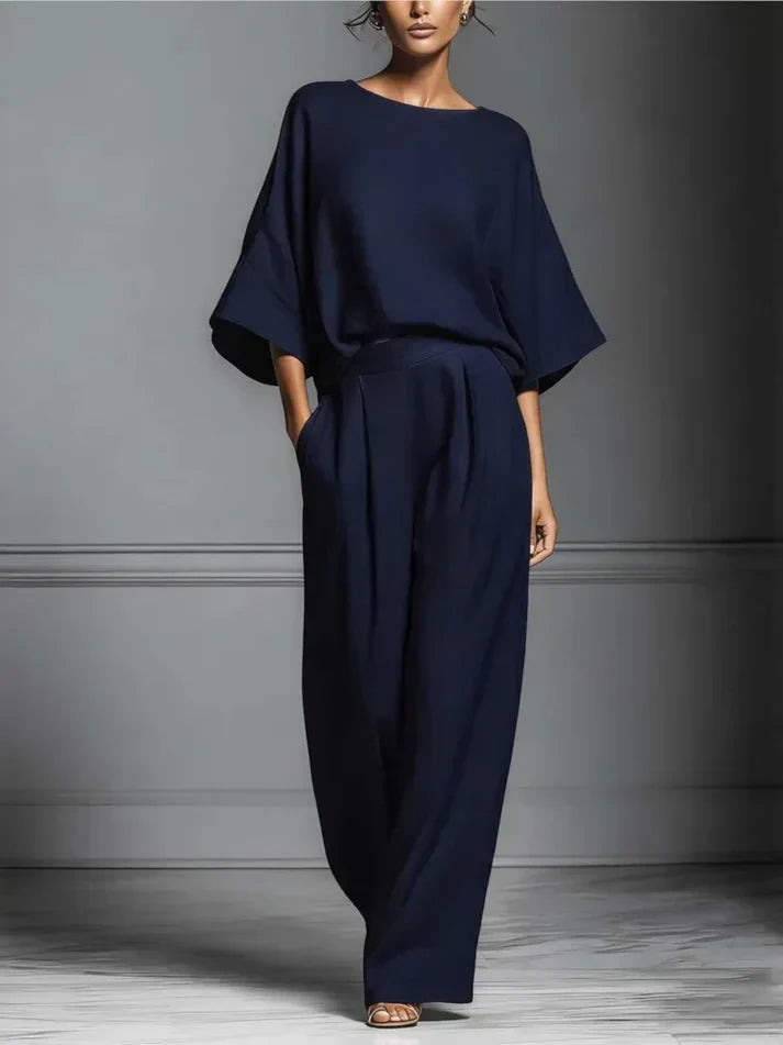 Women's Fluid Fabric Two Piece Set | Elegant Boat Neck Top and Wide Leg Trousers 2