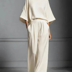 Women's Fluid Fabric Two Piece Set | Elegant Boat Neck Top and Wide Leg Trousers 3