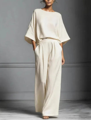 Women's Fluid Fabric Two Piece Set | Elegant Boat Neck Top and Wide Leg Trousers 3