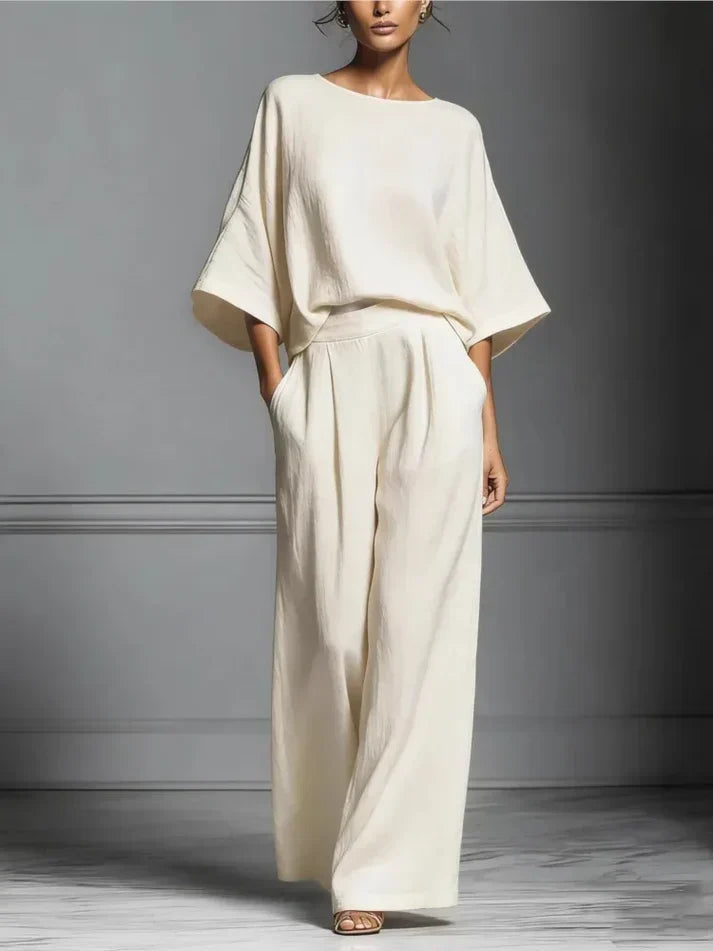 Women's Fluid Fabric Two Piece Set | Elegant Boat Neck Top and Wide Leg Trousers 3