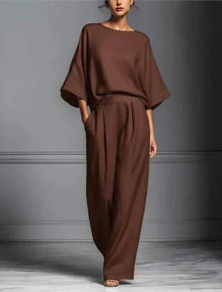 Women's Fluid Fabric Two Piece Set | Elegant Boat Neck Top and Wide Leg Trousers 4