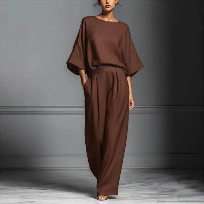 Women's Fluid Fabric Two Piece Set | Elegant Boat Neck Top and Wide Leg Trousers 4