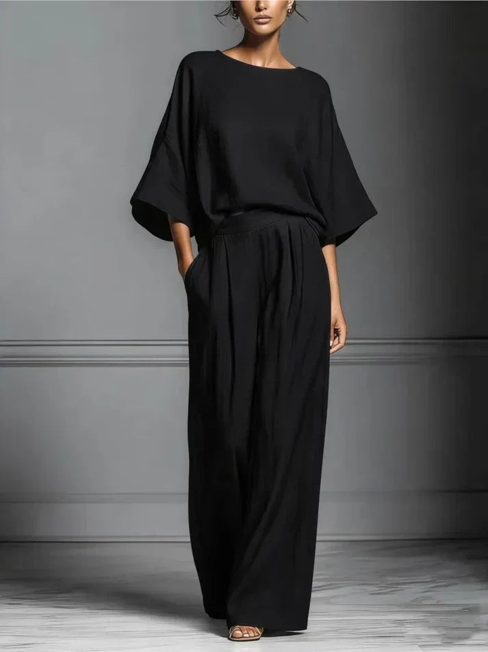 Women's Fluid Fabric Two Piece Set | Elegant Boat Neck Top and Wide Leg Trousers 5