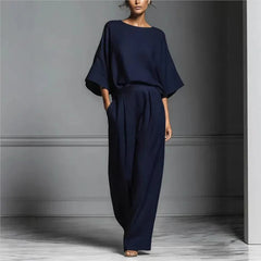 Women's Fluid Fabric Two Piece Set | Elegant Boat Neck Top and Wide Leg Trousers 6
