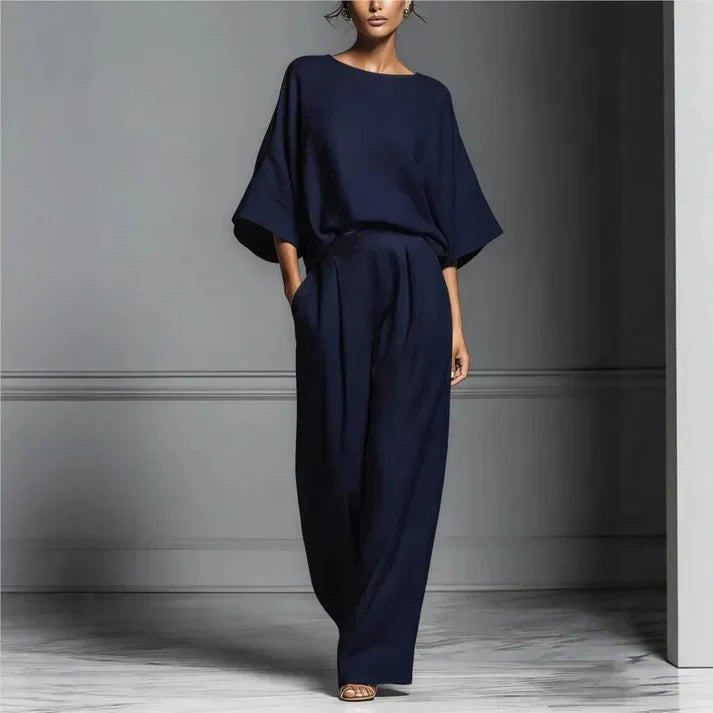 Women's Fluid Fabric Two Piece Set | Elegant Boat Neck Top and Wide Leg Trousers 6