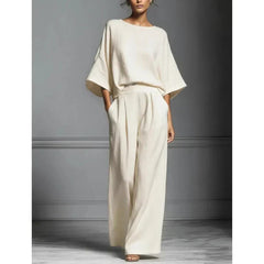 Women's Fluid Fabric Two Piece Set | Elegant Boat Neck Top and Wide Leg Trousers 7
