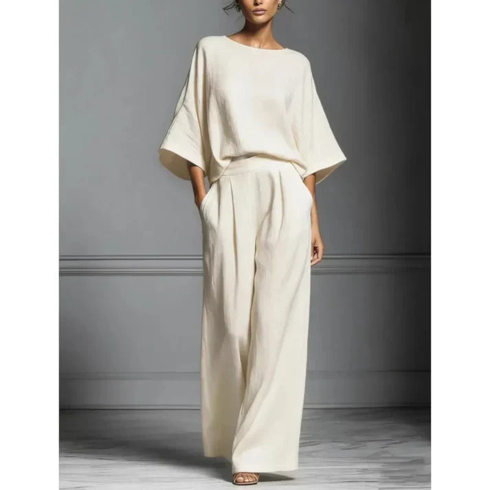 Women's Fluid Fabric Two Piece Set | Elegant Boat Neck Top and Wide Leg Trousers 7