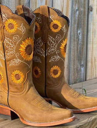 Women's Genuine Leather Bohemian Boots | Artistic Sunflower Design | Comfortable Ankle-Length Footwear 0