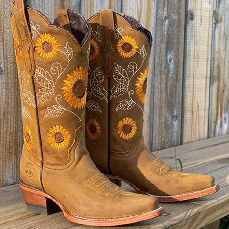 Women's Genuine Leather Bohemian Boots | Artistic Sunflower Design | Comfortable Ankle-Length Footwear 0