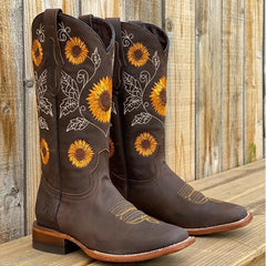 Women's Genuine Leather Bohemian Boots | Artistic Sunflower Design | Comfortable Ankle-Length Footwear 1