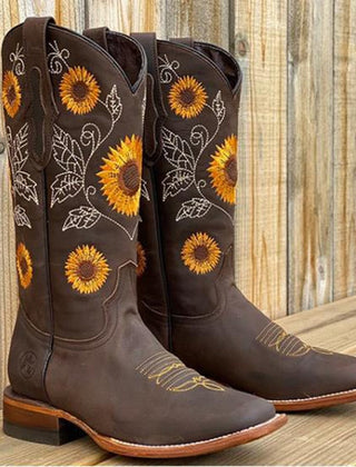 Women's Genuine Leather Bohemian Boots | Artistic Sunflower Design | Comfortable Ankle-Length Footwear 1