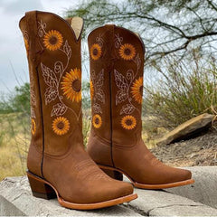 Women's Genuine Leather Bohemian Boots | Artistic Sunflower Design | Comfortable Ankle-Length Footwear 2