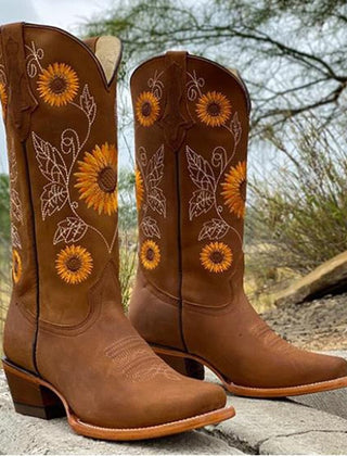 Women's Genuine Leather Bohemian Boots | Artistic Sunflower Design | Comfortable Ankle-Length Footwear 2