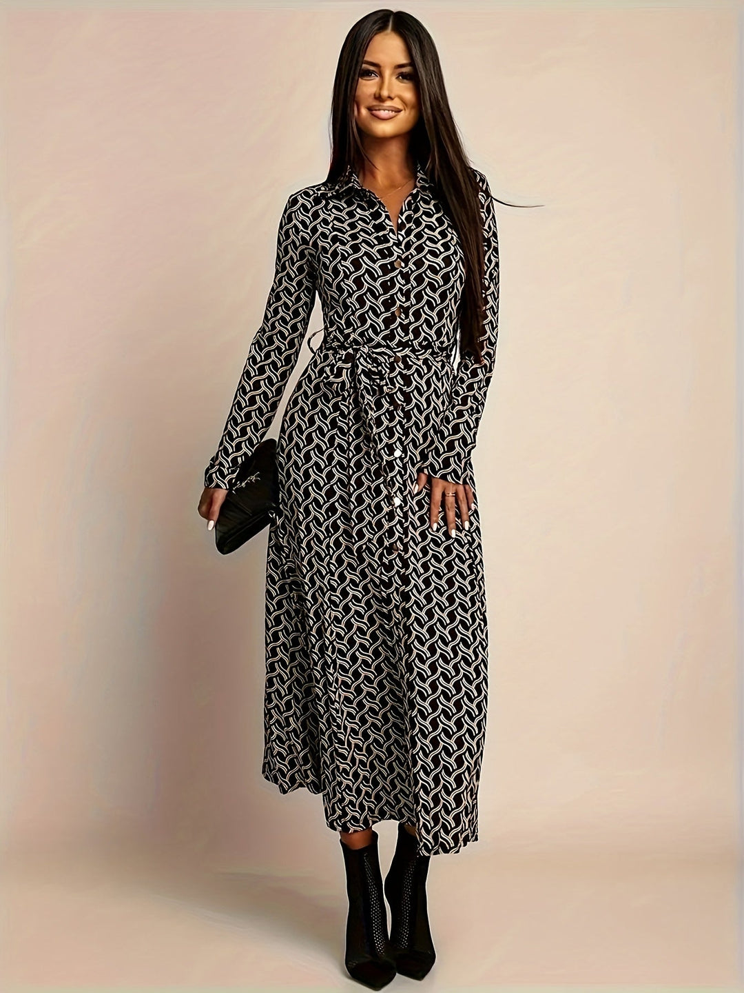 Women's Geometric Print Maxi Dress | Elegant Long Sleeve Belted Evening Wear 0