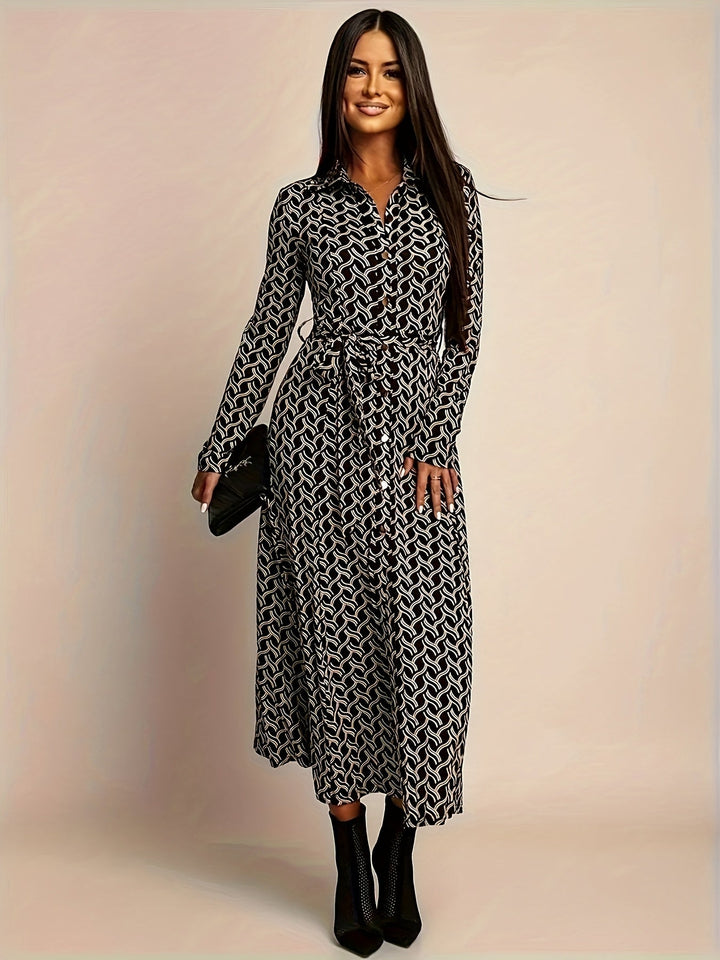 Women's Geometric Print Maxi Dress | Elegant Long Sleeve Belted Evening Wear 0