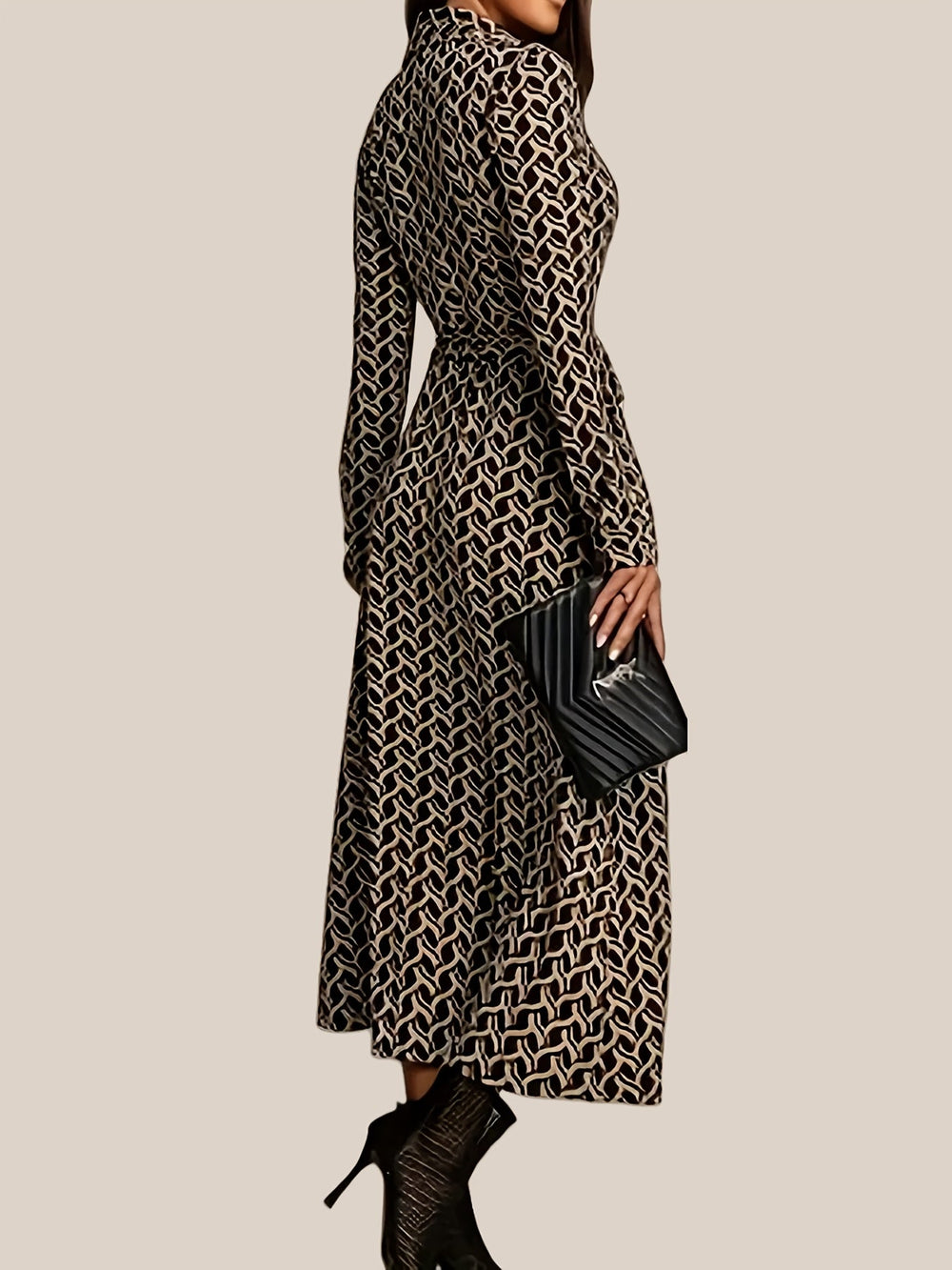 Women's Geometric Print Maxi Dress | Elegant Long Sleeve Belted Evening Wear 1