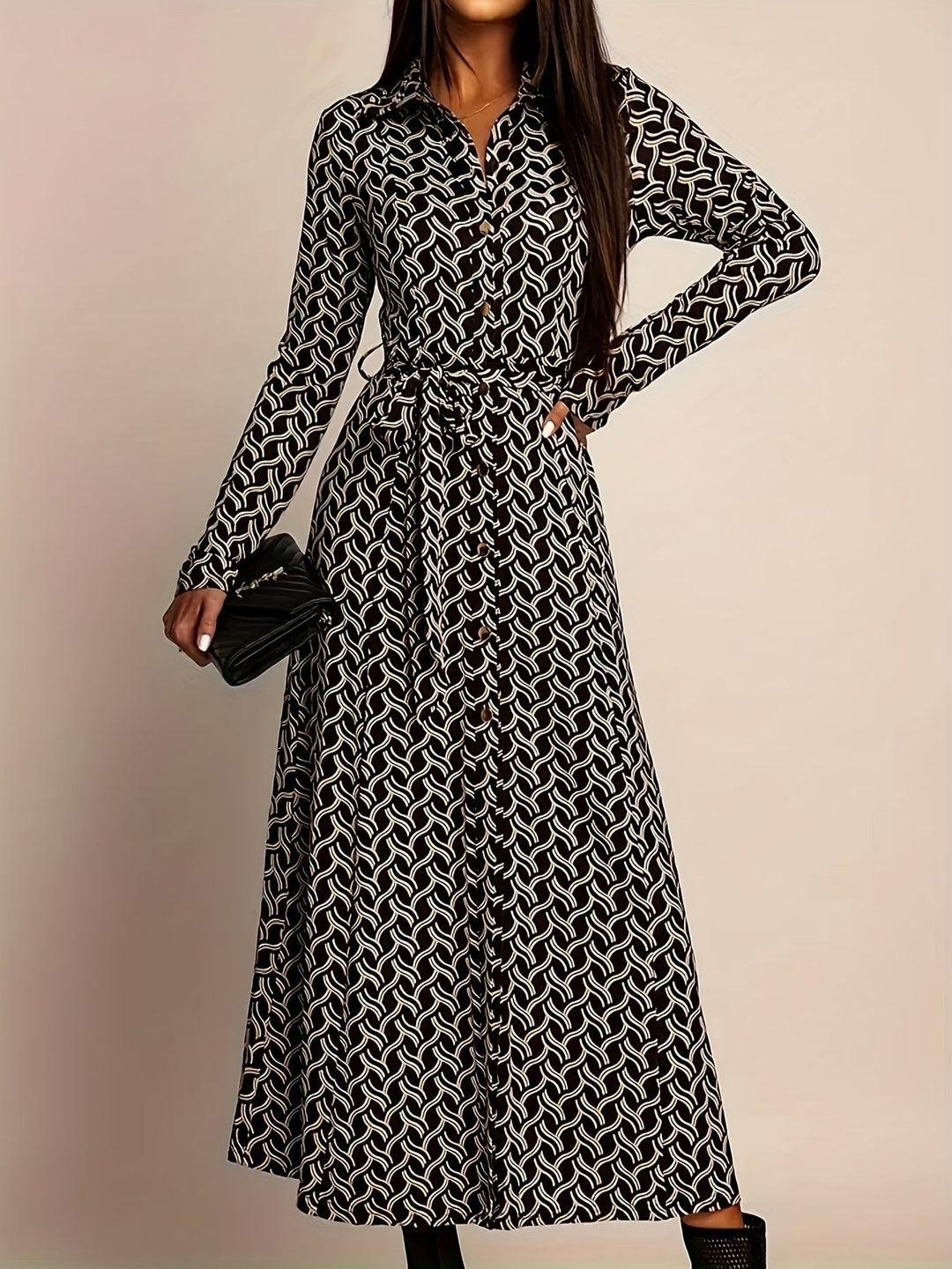 Women's Geometric Print Maxi Dress | Elegant Long Sleeve Belted Evening Wear 2