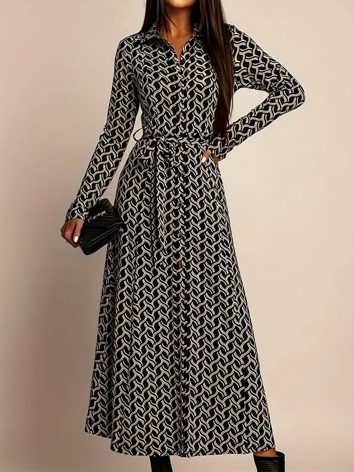 Women's Geometric Print Maxi Dress | Elegant Long Sleeve Belted Evening Wear 2