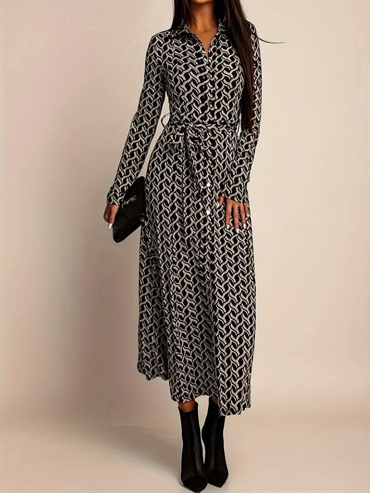 Women's Geometric Print Maxi Dress | Elegant Long Sleeve Belted Evening Wear 3