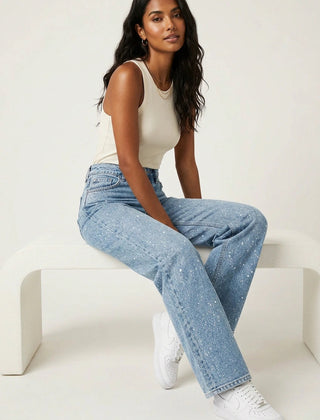 Women's Glitter High-Waist Straight Jeans | Elegant Timeless Denim 0