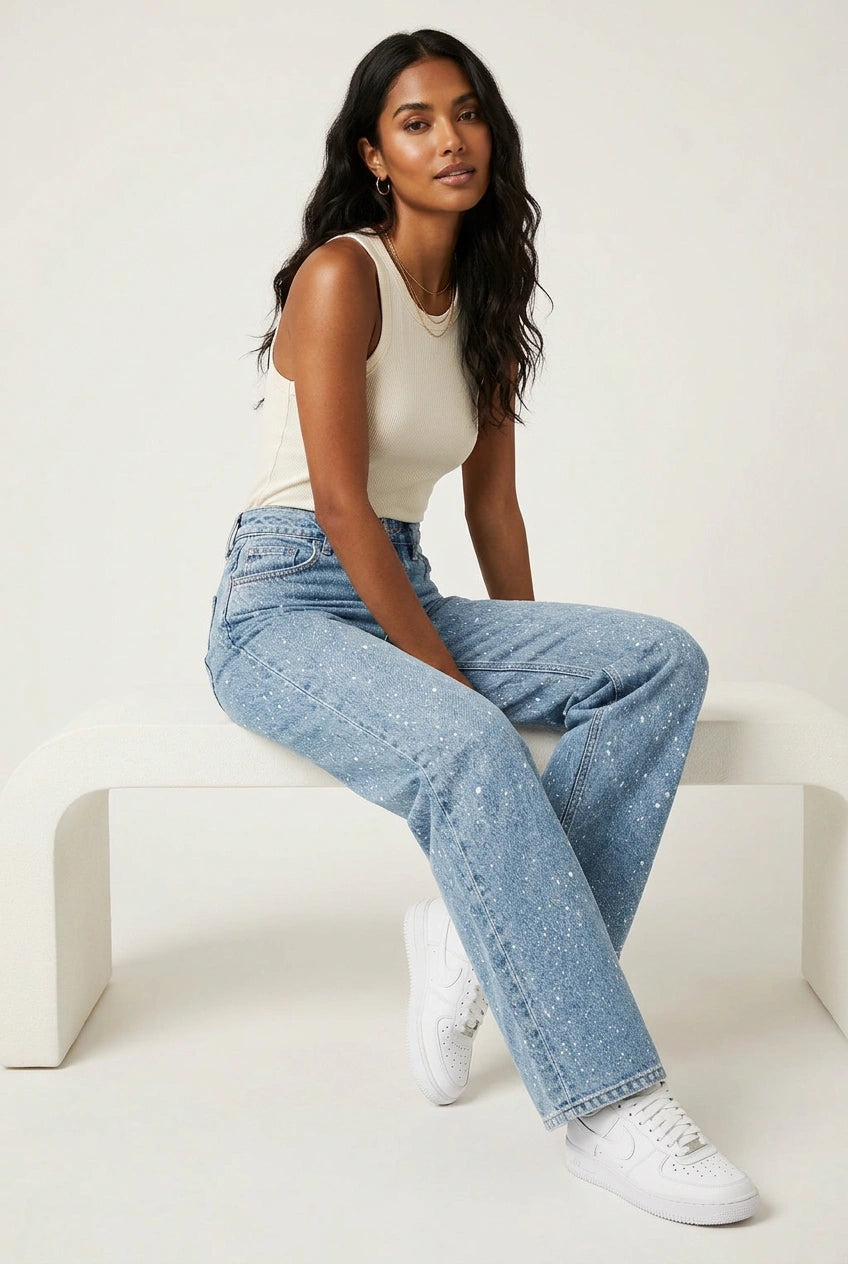 Women's Glitter High-Waist Straight Jeans | Elegant Timeless Denim 0