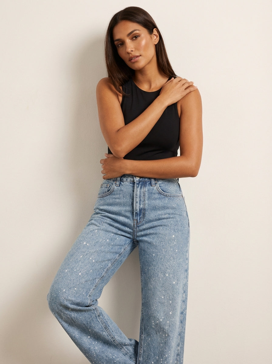Women's Glitter High-Waist Straight Jeans | Elegant Timeless Denim 1