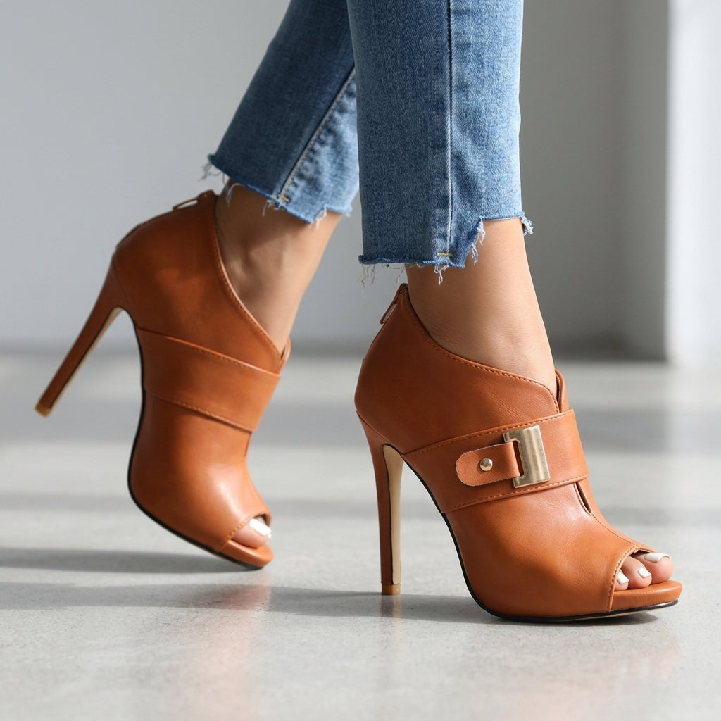 Women's Gold Open Toe Stiletto Heels | Elegant Buckle Strap Design 5