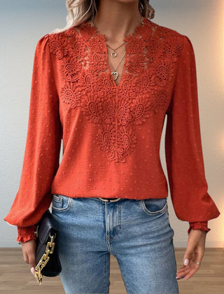 Women's Lace Bodice Long Sleeve Blouse | Elegant V-Neck Smocked-Cuff Top 0