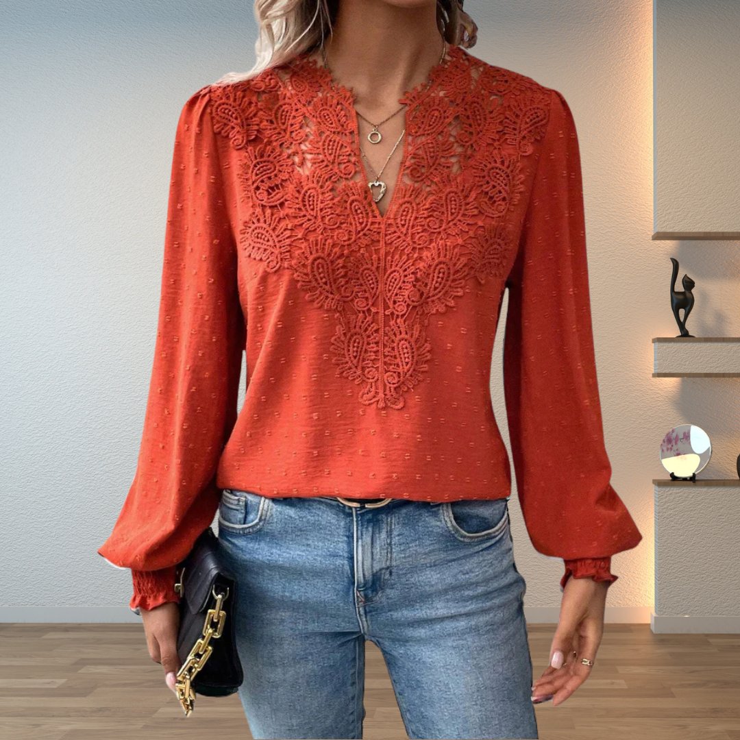 Women's Lace Bodice Long Sleeve Blouse | Elegant V-Neck Smocked-Cuff Top 0