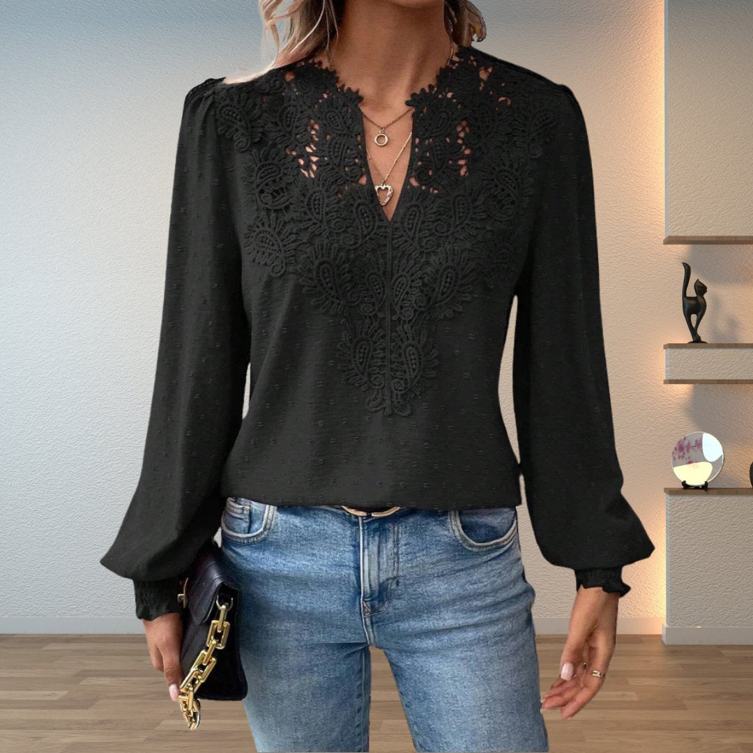 Women's Lace Bodice Long Sleeve Blouse | Elegant V-Neck Smocked-Cuff Top 2